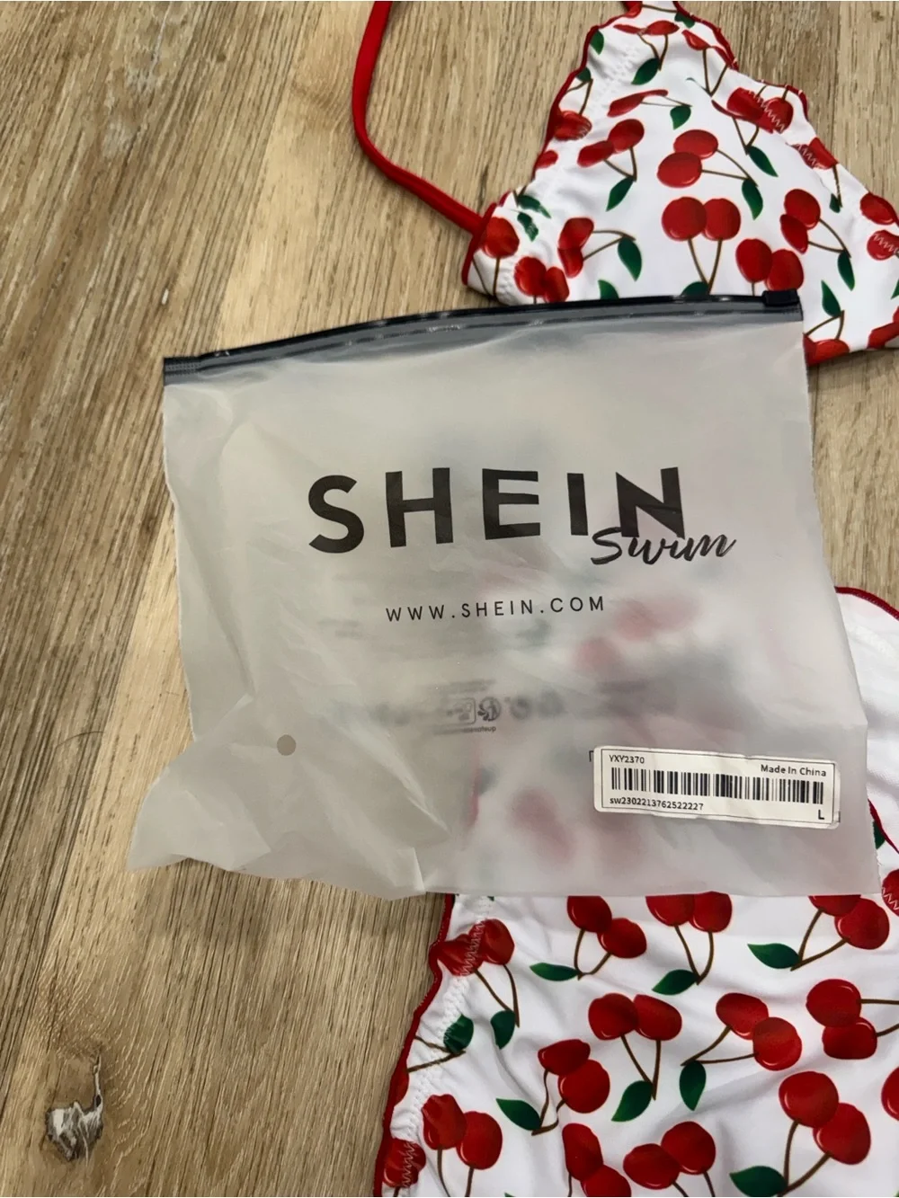 SHEIN White Cherry Ruffle Tie-Side Bikini